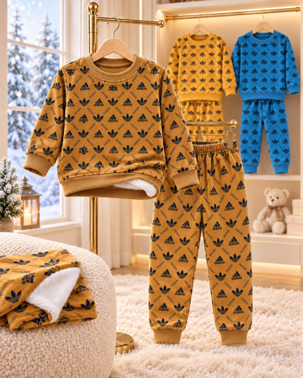 Trefoil Print Velour Tracksuit β Styled Display Trefoil Print Velour Tracksuit styled on hangers with Camel Brown, Mustard and Bright Blue colour options