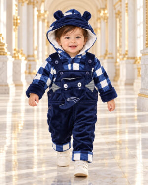 Classic Check Elephant Duffle Romper in Navy Blue, worn by a child