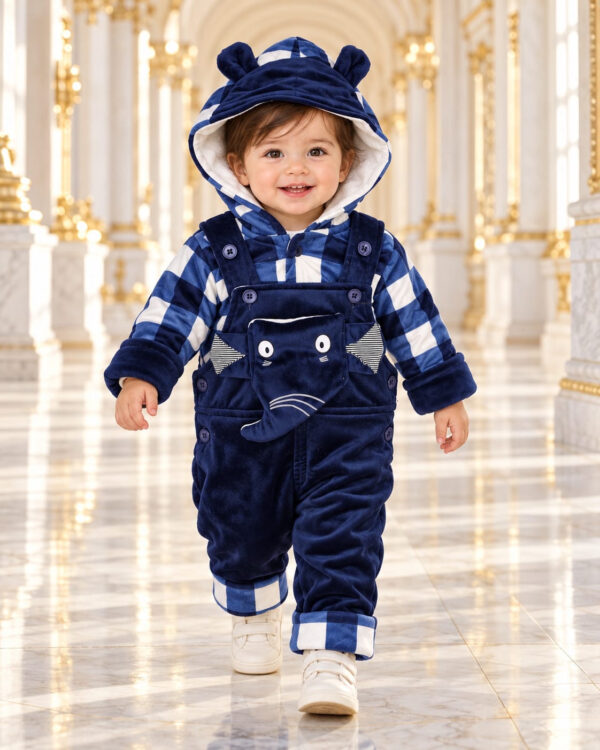 Classic Check Elephant Duffle Romper β Navy Blue β Model Classic Check Elephant Duffle Romper in Navy Blue, worn by a child