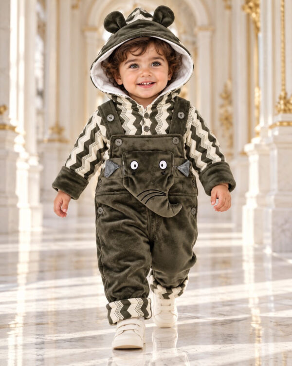 Zigzag Delight Elephant Duffle Romper in Olive Green, worn by a child